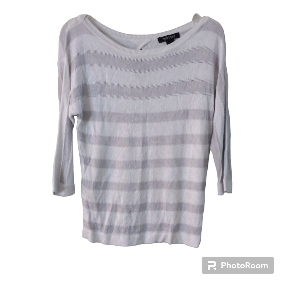 White House Black Market off white & gray metallic stripe boat neck knit…